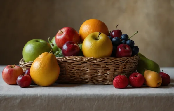 Table, apples, orange, strawberry, grapes, fruit, still life, basket