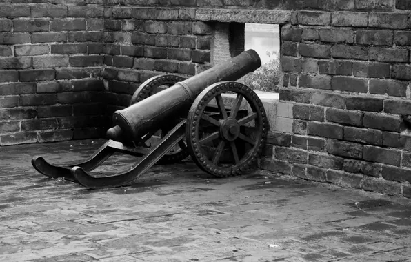 Black and white, China, gun, fortress, monochrome, history