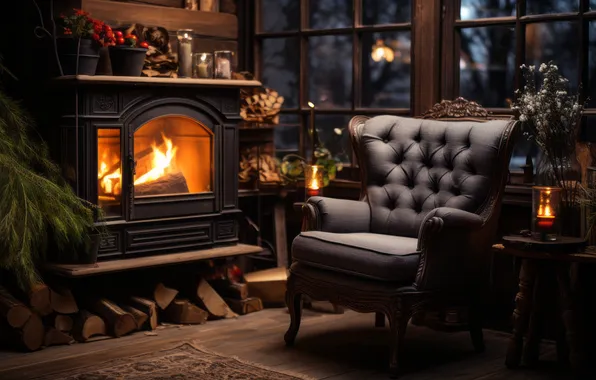 Room, tree, interior, chair, Christmas, New year, fireplace, Christmas