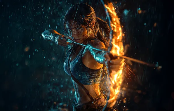 Fire, girl, fighter, rain, night, bokeh, drops, Lara Croft