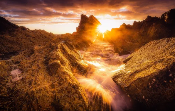 Rocks, dawn, coast, Scotland, Scotland, Morayshire