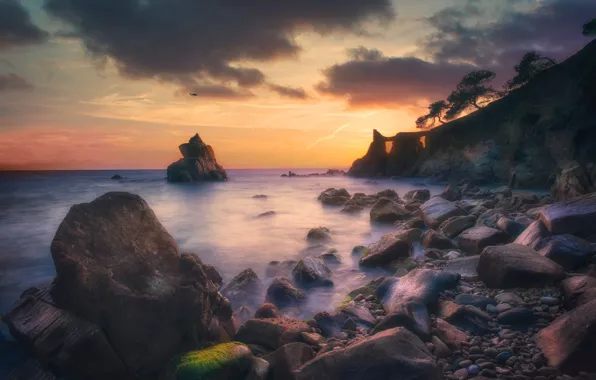 Picture sea, the sky, clouds, landscape, sunset, stones, rocks, shore