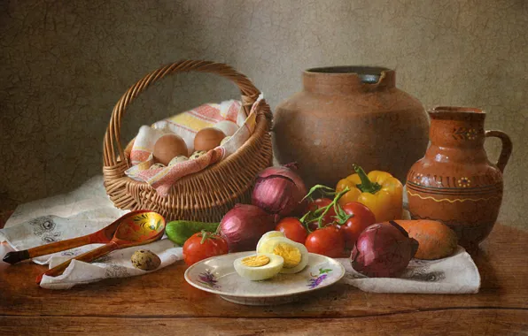 Table, basket, egg, cucumber, bow, plate, dishes, pepper