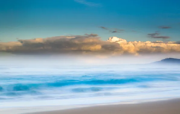 Picture sea, wave, the sky, clouds, mountains