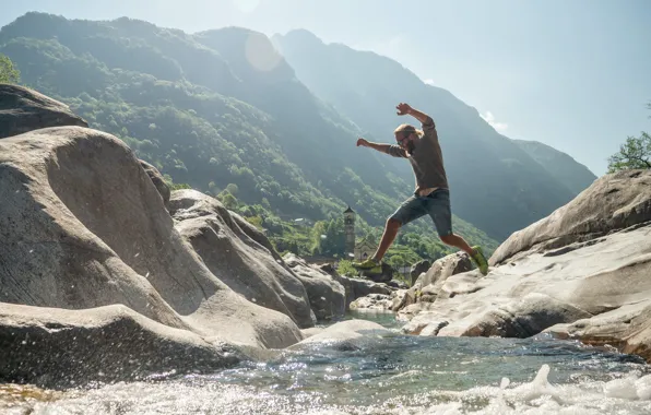 Picture Mountains, Spring, Switzerland, Jump, River, Male, Switzerland, Spring