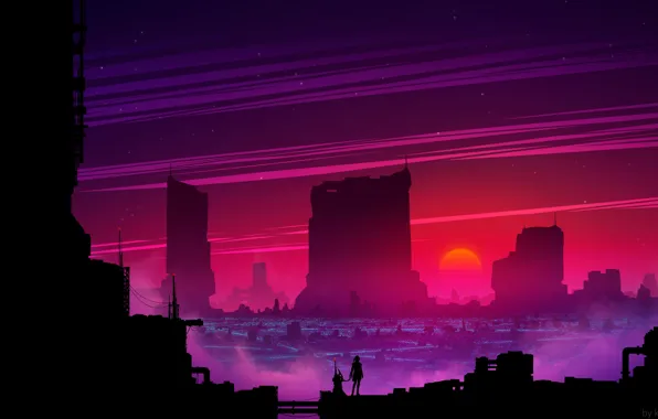 Sunset, The sun, Music, The city, Style, Silhouette, Landscape, Style