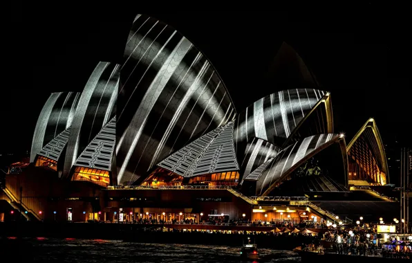 Sea, water, strips, night, the city, lights, darkness, people