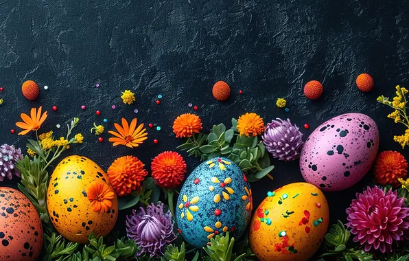 Flowers, eggs, spring, colorful, Easter, flowers, spring, Easter