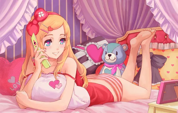 Picture girl, photo, toys, bed, pillow, frame, art, hearts