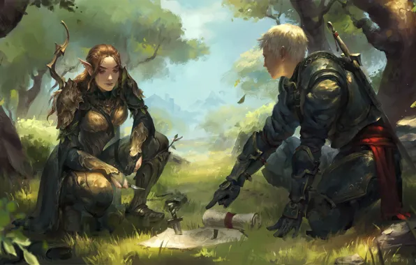 Girl, sword, fantasy, forest, armor, trees, boy, map