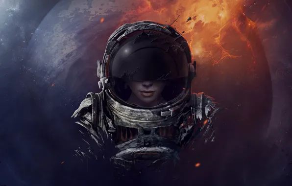 Picture girl, space, planet, helmet, astronaut