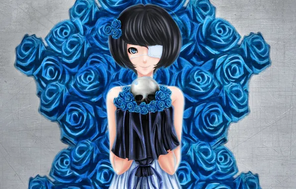 Picture girl, background, skull, roses, art, headband, blue