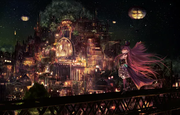 Picture girl, night, the city, lights, home, anime, art, popopo5656