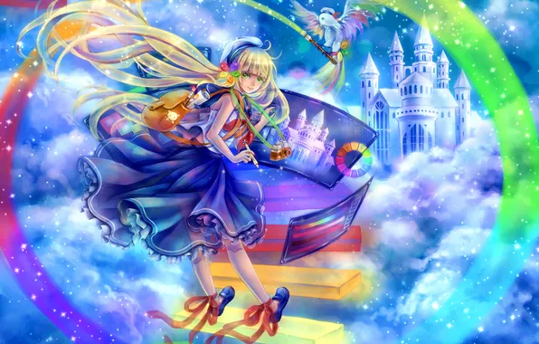 Picture girl, clouds, smile, castle, mood, bird, paint, figure