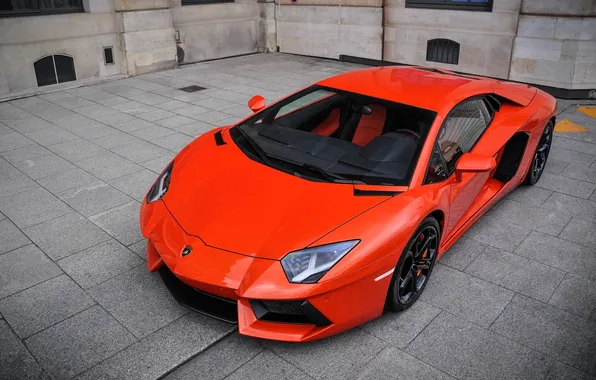 Picture orange, reflection, the building, yard, lamborghini, the view from the top, orange, aventador