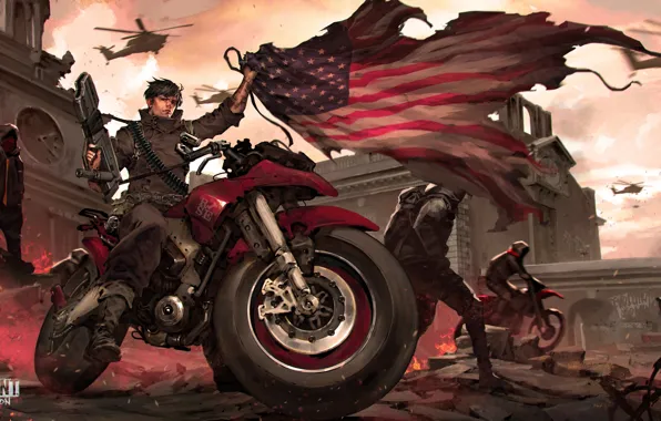 Picture the city, flag, soldiers, motorcycle, bike, revolution, Homefront: The Revolution