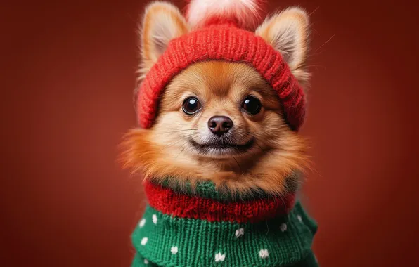 Dog, Christmas, puppy, New year, cap, AI art, neural network