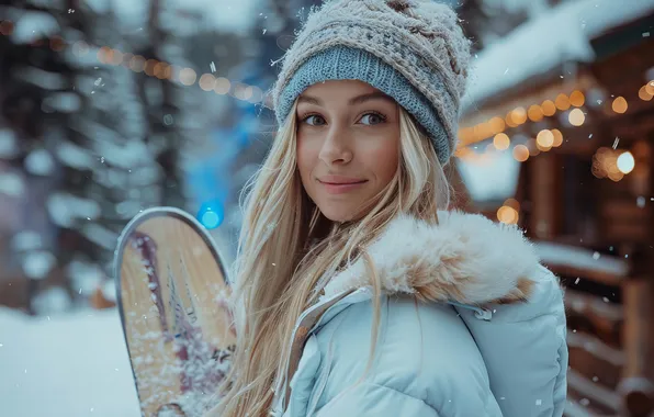 Winter, forest, look, girl, snow, lights, smile, house