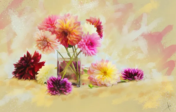 Water, flowers, glass, background, bright, figure, graphics, treatment