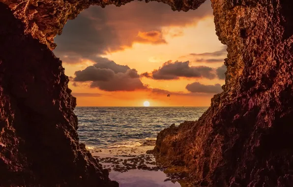 Sea, beach, the sky, the sun, clouds, sunset, rocks, shore