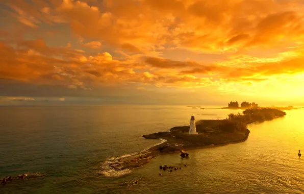 Sea, the sky, clouds, trees, sunset, stones, lighthouse, island