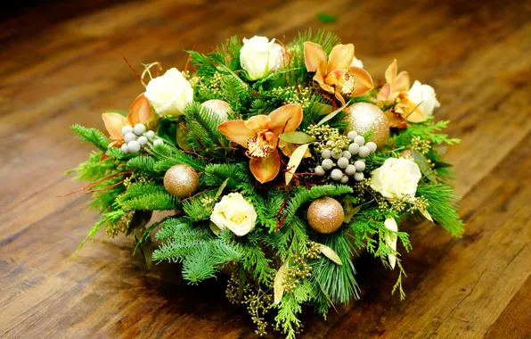 Decoration, flowers, spruce, New year, Roses, orchids, New Year, composition