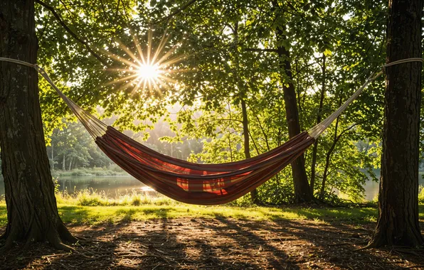 Forest, summer, the sun, lake, stay, hammock, summer, sunshine