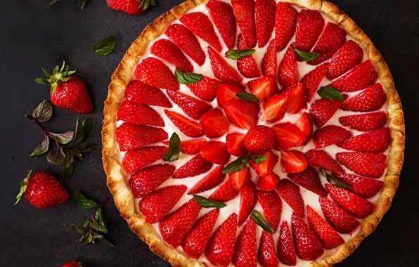 Leaves, berries, the dark background, pattern, strawberry, cake, a lot, slices