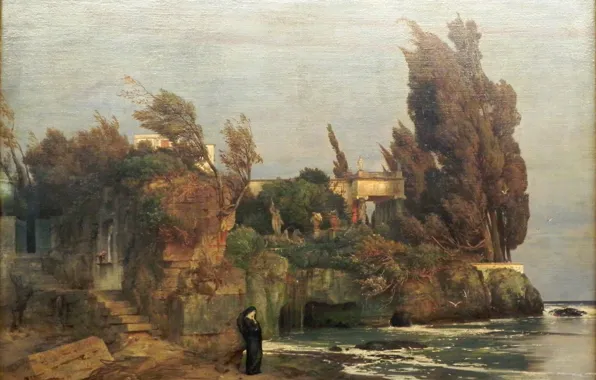 The woman in black, 1865, Symbolism, Arnold .. .. , Villa by the sea