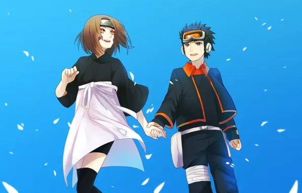 Together, naruto, anime, art, Upholstered Uchiha, Rin Nohara, are kept in hand