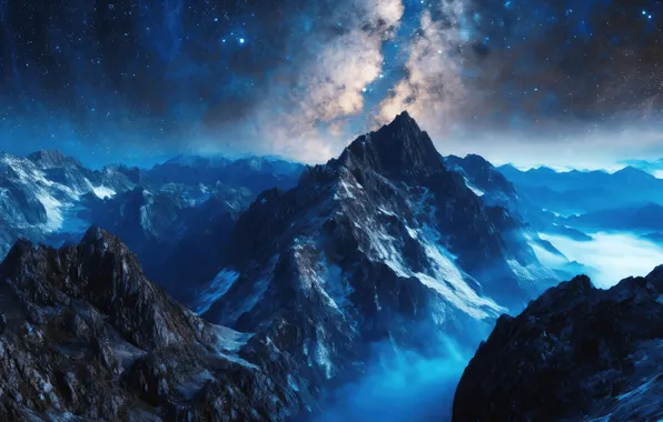 Picture sky, night, mountains, stars, valley, artwork, concept art, far view