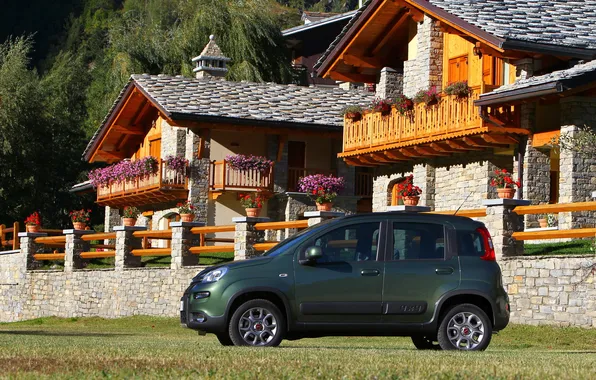 Auto, trees, machine, house, glade, Cars, flowers., Fiat Panda