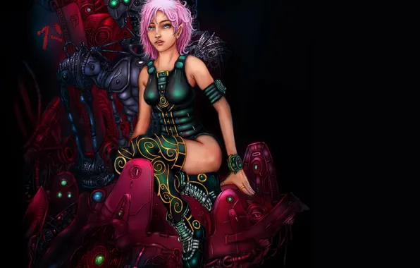 Picture girl, metal, the dark background, robot, pink hair