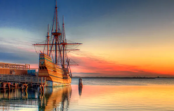 Clouds, ship, sailboat, pier, hdr, glow