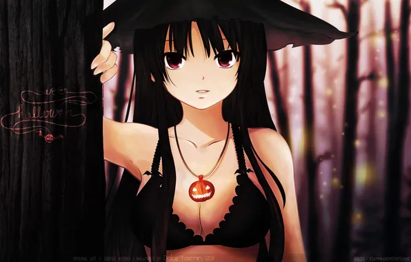Chest, girl, trees, pendant, red eyes, long hair, solo, original