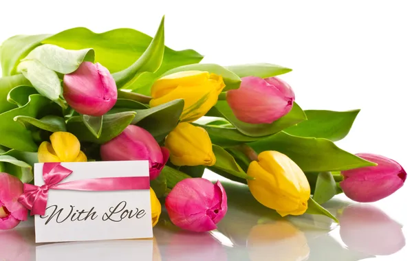Love, bouquet, tulips, bow, flowers, romantic, tulips, with love