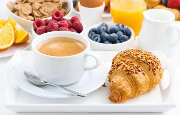 Berries, coffee, Breakfast, breakfast, croissant, muesli, muesli, fresh berries