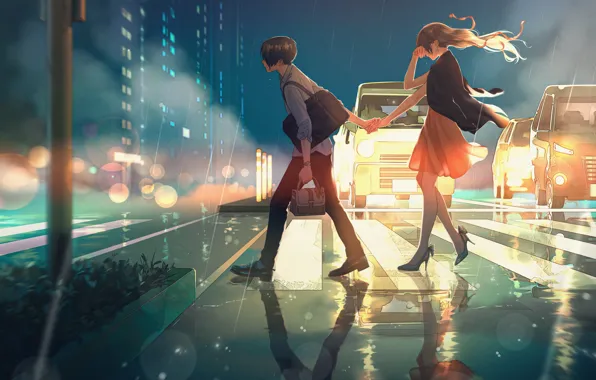 Street, bags, crying, headlights, holding hands, crosswalk, on the road, rainy evening