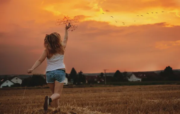 Picture field, sunset, girl