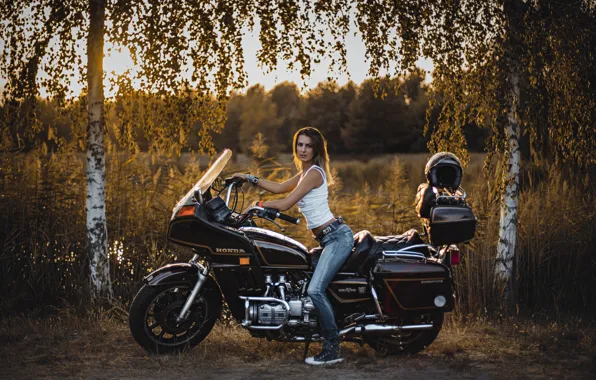 Picture girl, trees, style, jeans, motorcycle, Honda, birch
