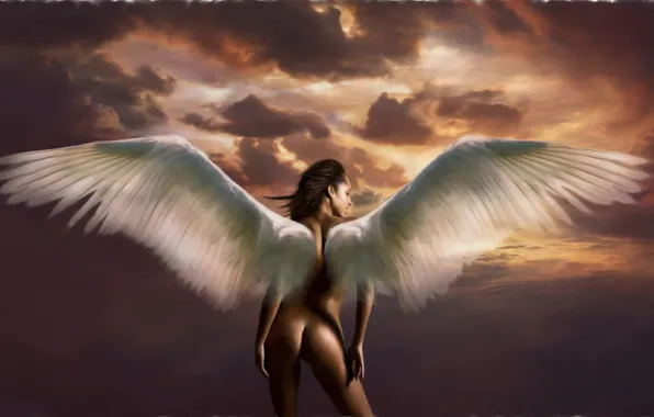Ass, the sky, girl, clouds, pose, fiction, wings, angel