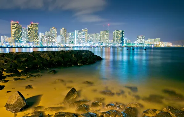 Stones, Bay, Hawaii, night city, Hawaii, Honolulu, Honolulu