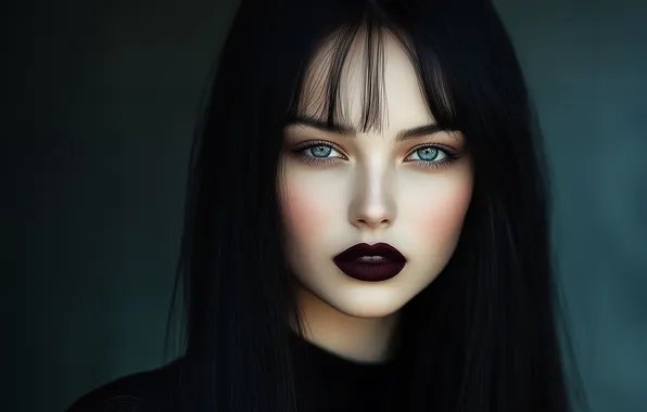 Girl, portrait, makeup, brunette, black lips, hotesse, AI art, neural network