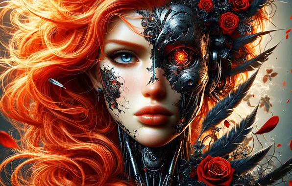 Machine, look, girl, flowers, face, style, the dark background, fiction
