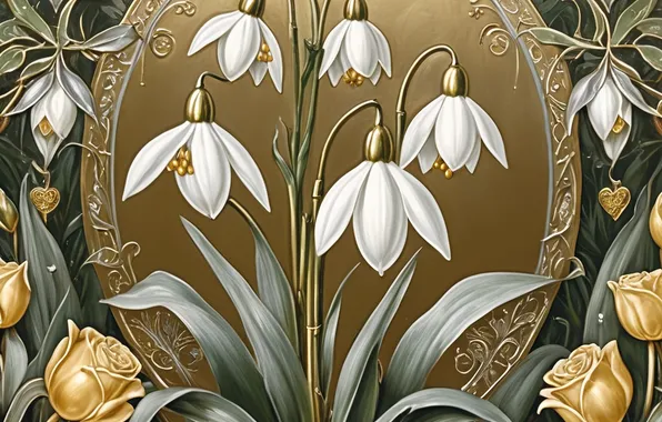 Flowers, pattern, texture, spring, styling, frame, snowdrops, white