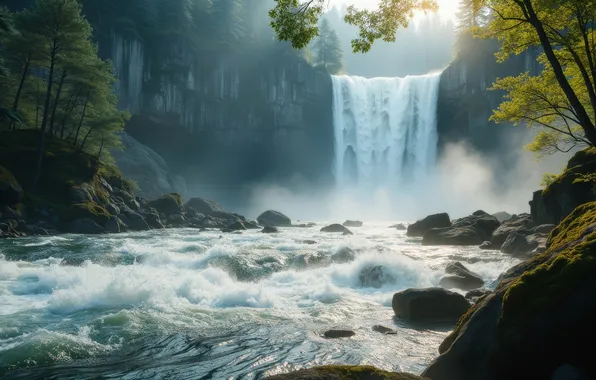 Summer, light, trees, branches, fog, river, stones, rocks