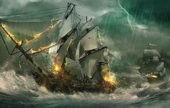 Sea, wave, storm, lightning, ships, sailboats, frigates, sea battle