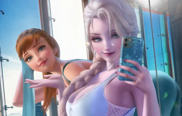 Girls, sisters, the gym, selfie, Elsa, Cold Heart