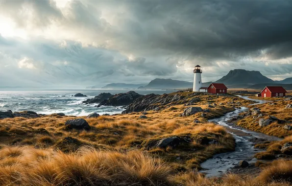 Sea, wave, landscape, clouds, rocks, shore, lighthouse, storm