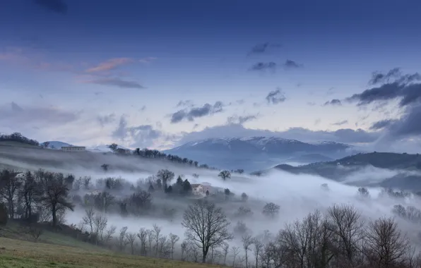 Autumn, the sky, clouds, mountains, fog, home